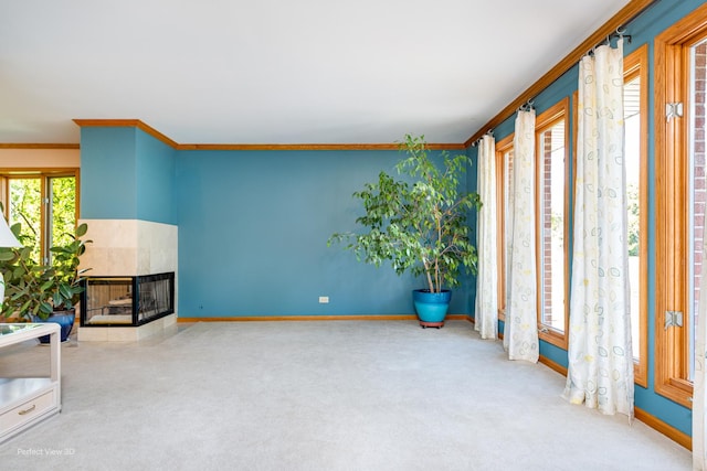 8542 W 132nd Pl, Palos Park, IL 60464 - unfurnished room with baseboards, carpet flooring, ornamental molding, and a fireplace