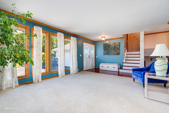 8542 W 132nd Pl, Palos Park, IL 60464 - living area featuring carpet flooring, crown molding, stairs, and baseboards