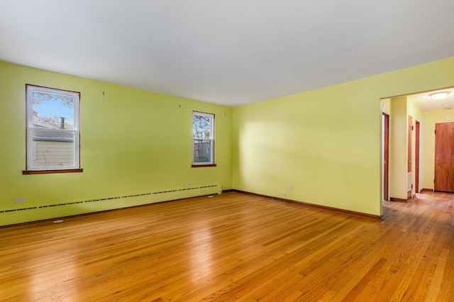 unfurnished room with light hardwood / wood-style flooring and a baseboard radiator