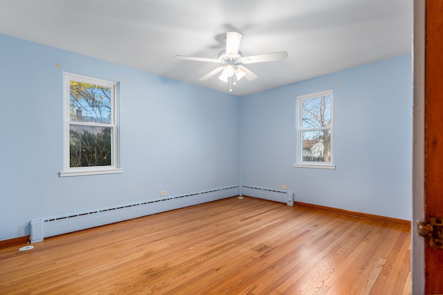 spare room featuring plenty of natural light, light hardwood / wood-style floors, baseboard heating, and ceiling fan