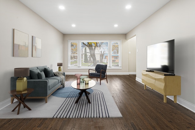 living room featuring dark wood-type flooring