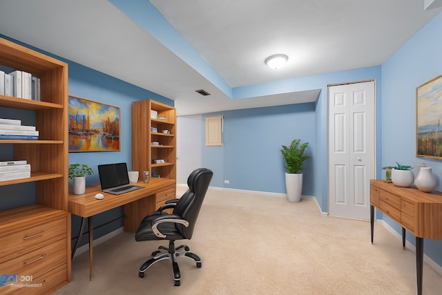 home office with light colored carpet