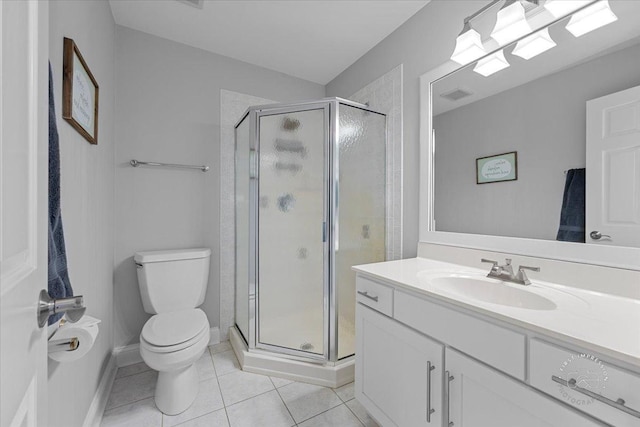 bathroom with tile patterned flooring, vanity, toilet, and a shower with door