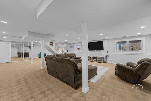 living room with light colored carpet