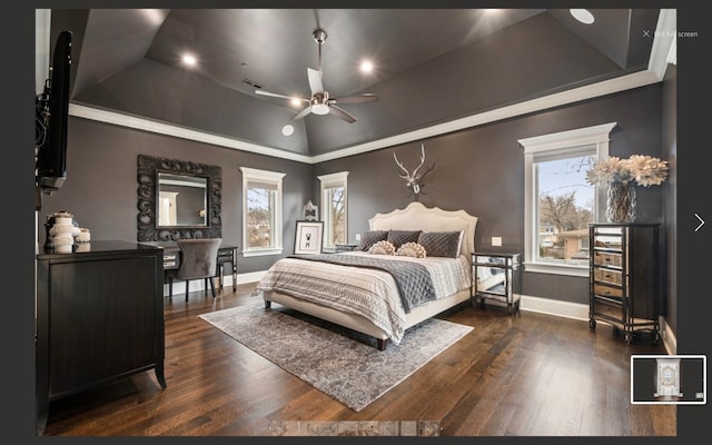 bedroom with a tray ceiling, multiple windows, ceiling fan, and dark wood-type flooring