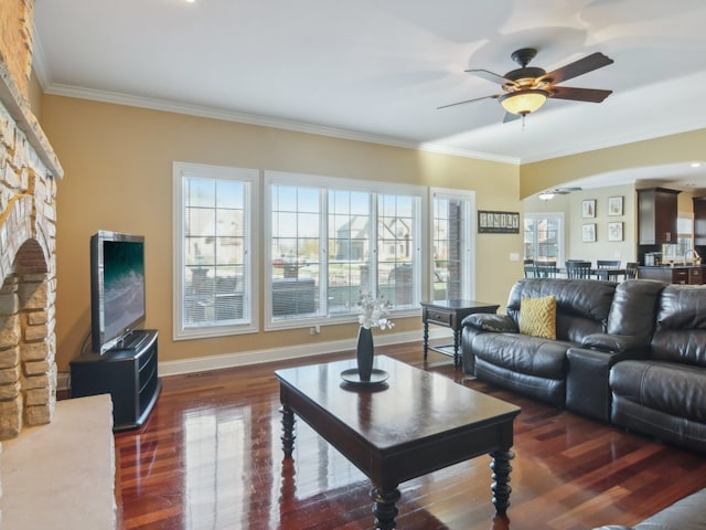 living room with a fireplace, crown molding, ceiling fan, and dark wood-type flooring