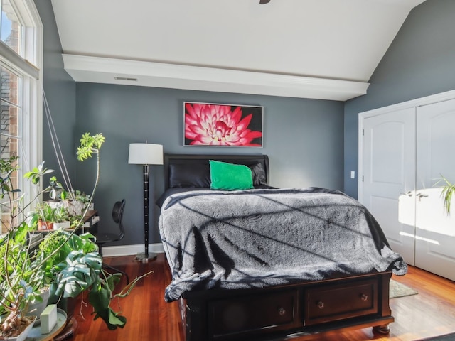 bedroom with hardwood / wood-style floors, vaulted ceiling, and a closet