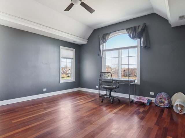 office with hardwood / wood-style floors, ceiling fan, and vaulted ceiling