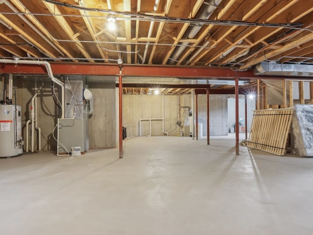 basement with heating unit and water heater