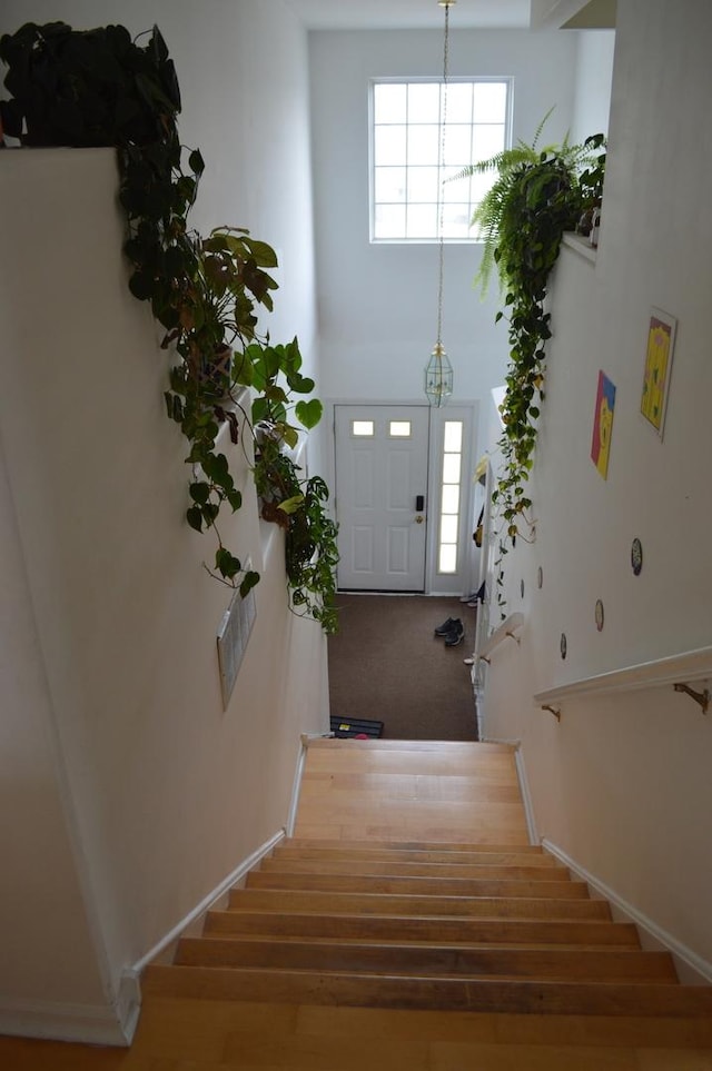 stairs featuring a high ceiling