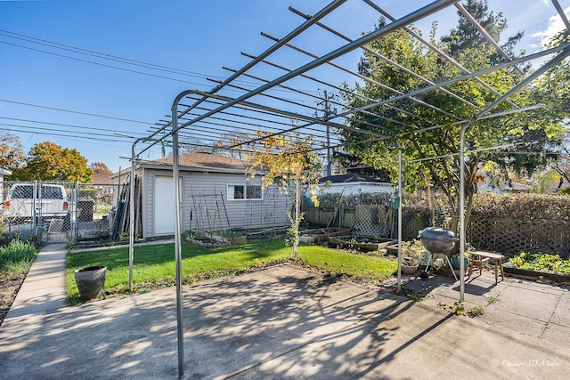 view of patio with a gate, fence, and a pergola