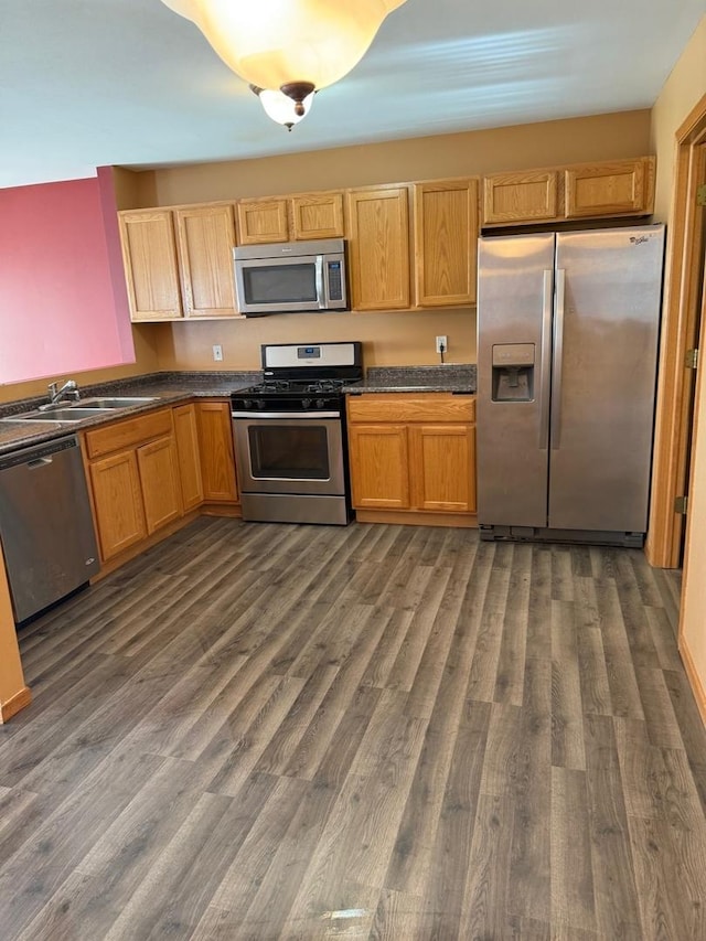 kitchen with sink, dark hardwood / wood-style flooring, and appliances with stainless steel finishes