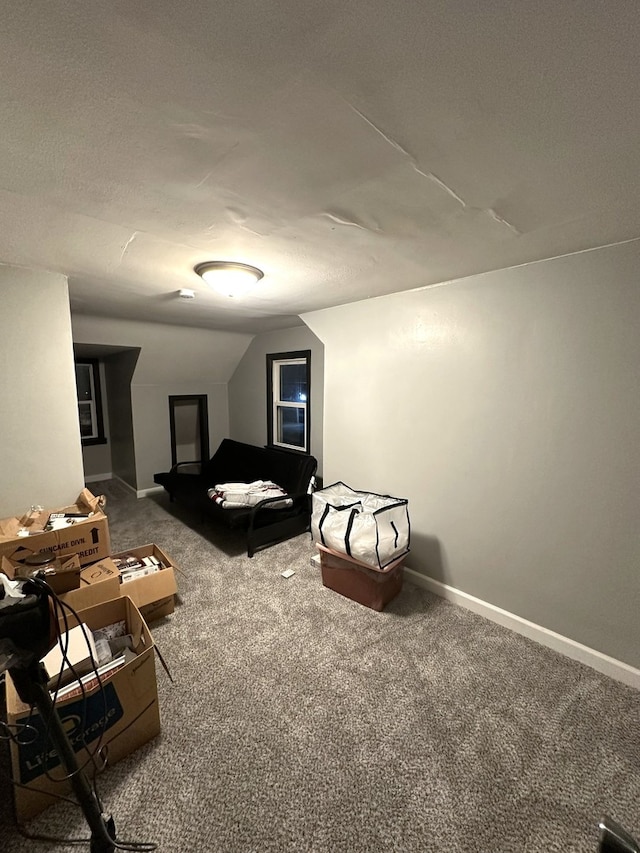 interior space featuring carpet flooring, a textured ceiling, and lofted ceiling