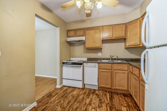 kitchen featuring ceiling fan, dark hardwood / wood-style flooring, white appliances, and sink