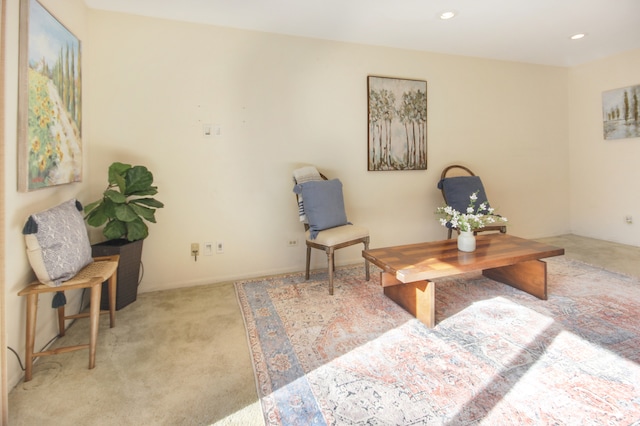 living area featuring light colored carpet