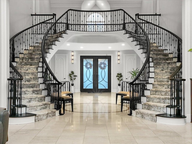 51 Hillburn Ln, North Barrington, IL 60010 - entrance foyer featuring stairway, a high ceiling, french doors, plenty of natural light, and marble tiled flooring