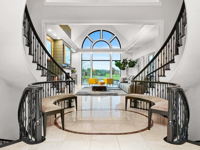 51 Hillburn Ln, North Barrington, IL 60010 - foyer featuring inlaid floor details, stairway, and a high ceiling