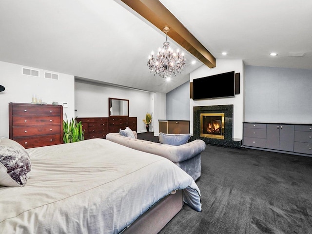 bedroom with vaulted ceiling with beams, a high end fireplace, and dark carpet