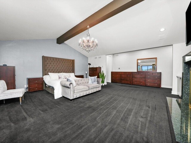 carpeted bedroom featuring vaulted ceiling with beams and a notable chandelier