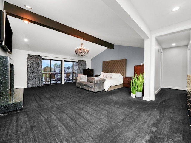 unfurnished bedroom with an inviting chandelier, vaulted ceiling with beams, and dark colored carpet