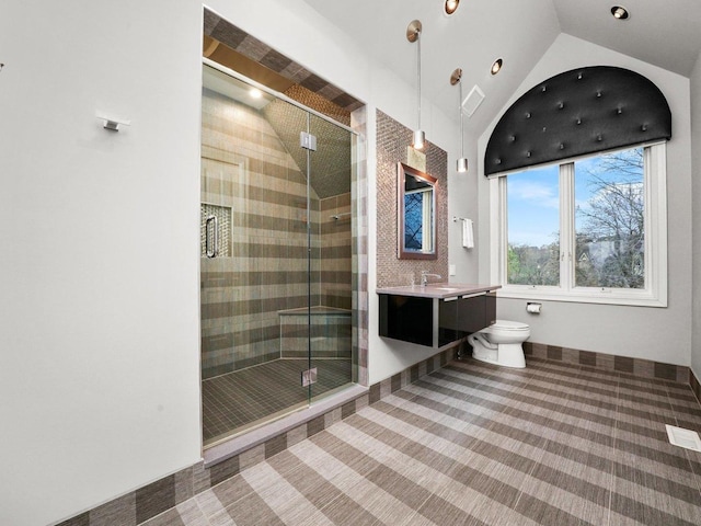 bathroom with vanity, toilet, an enclosed shower, and vaulted ceiling