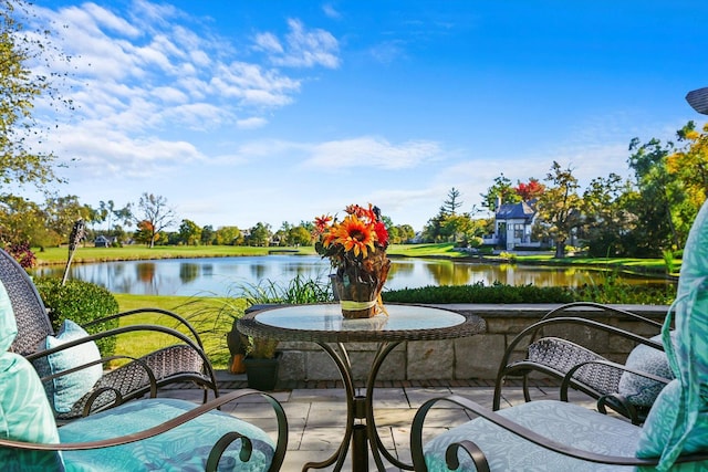 balcony featuring a patio and a water view