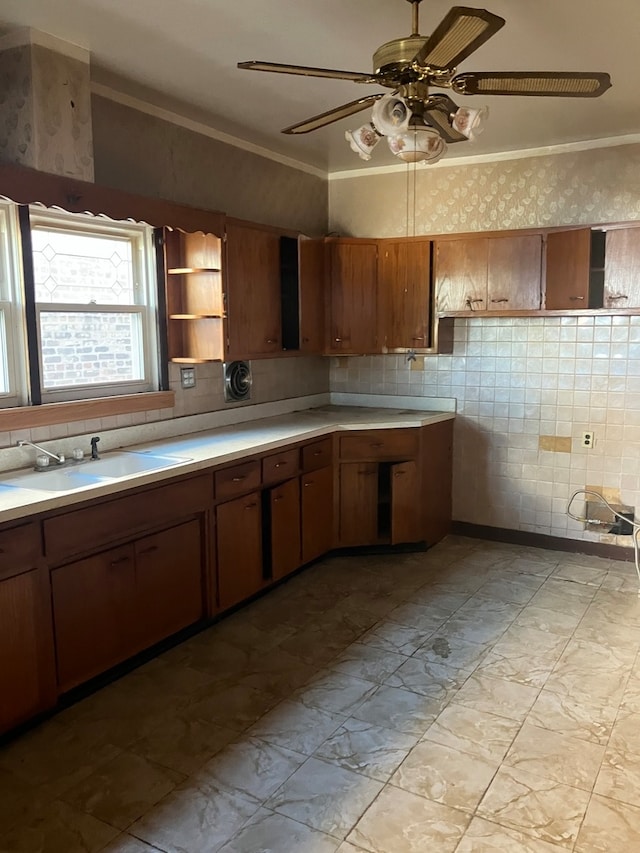 kitchen with ceiling fan, crown molding, and sink