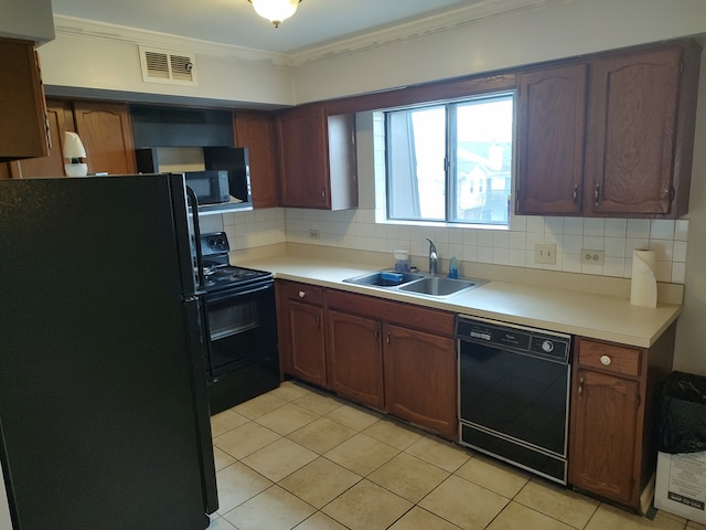 kitchen with decorative backsplash, ornamental molding, sink, black appliances, and light tile patterned floors