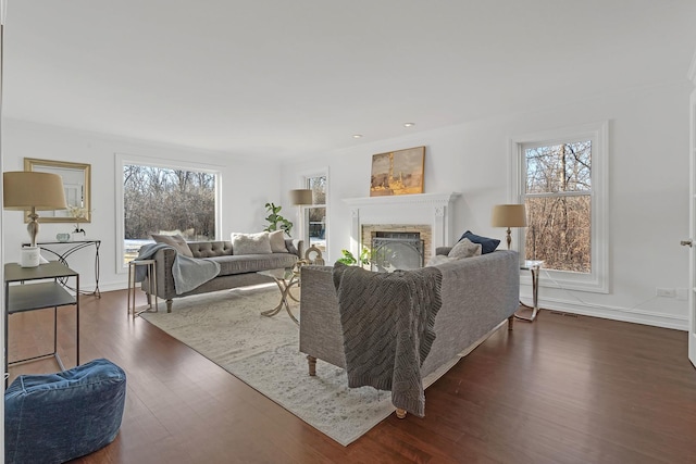 living room with dark hardwood / wood-style flooring and a wealth of natural light