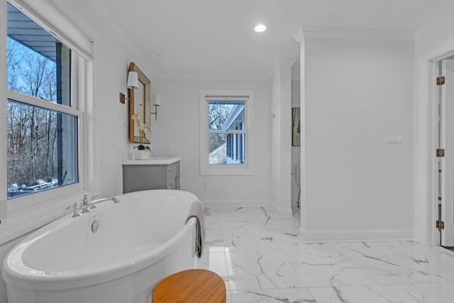 bathroom featuring vanity, ornamental molding, and a tub