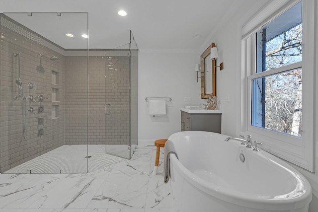 bathroom featuring crown molding, plenty of natural light, independent shower and bath, and vanity