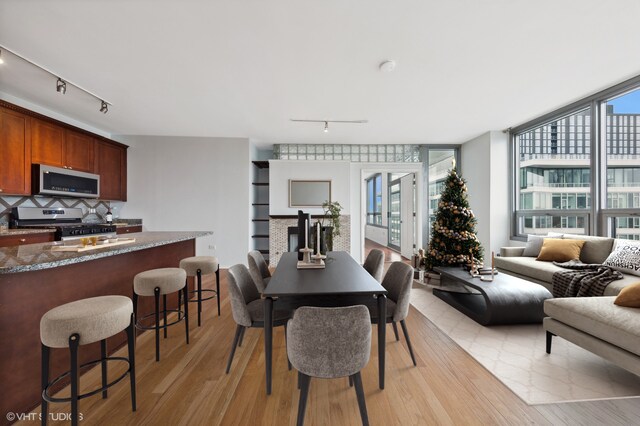 kitchen with a center island, track lighting, decorative backsplash, light hardwood / wood-style floors, and stainless steel appliances