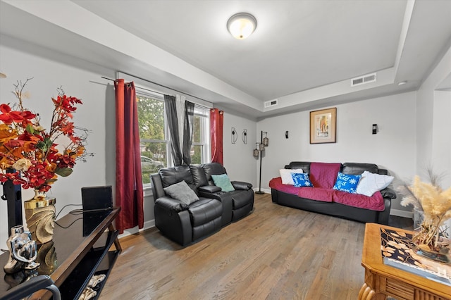 living room featuring light hardwood / wood-style floors and a raised ceiling