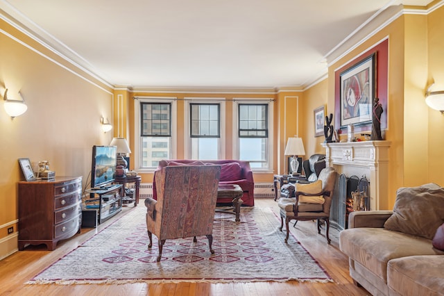 living room with wood-type flooring, crown molding, and radiator