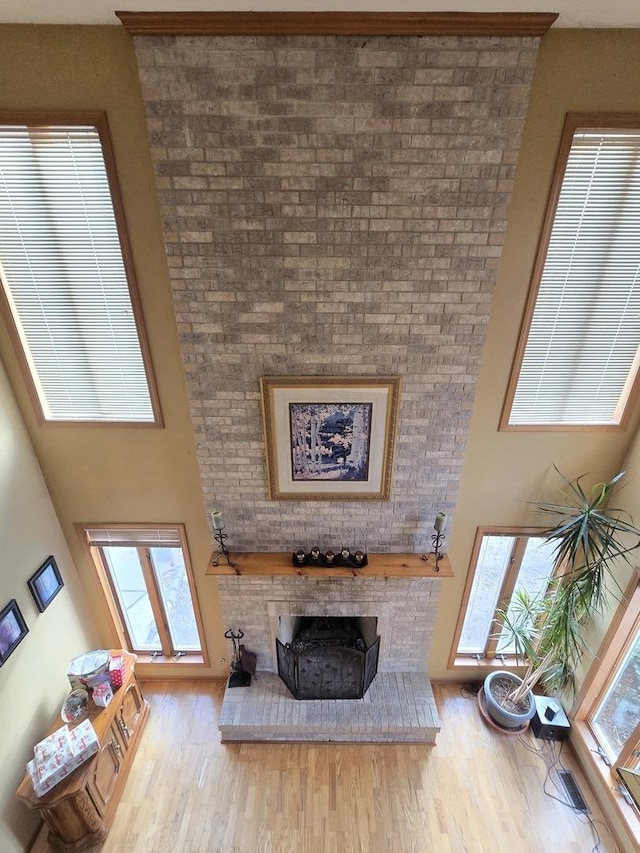 unfurnished living room featuring a towering ceiling, a healthy amount of sunlight, and light wood-type flooring