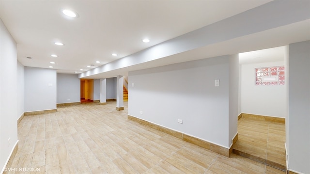 basement with light wood-type flooring