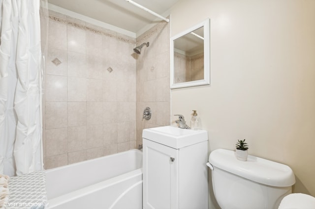 full bathroom with vanity, shower / bath combination with curtain, and toilet