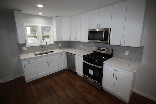 kitchen featuring white cabinetry, sink, dark hardwood / wood-style floors, and appliances with stainless steel finishes