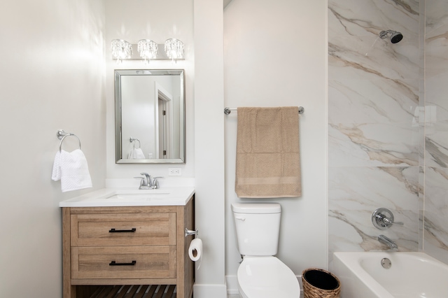 full bathroom featuring tiled shower / bath combo, toilet, and vanity