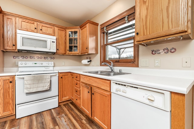 kitchen featuring dark hardwood / wood-style flooring, white appliances, and sink