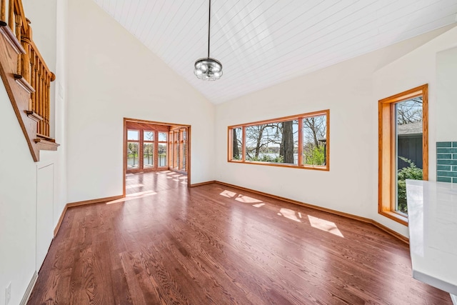 unfurnished living room with dark hardwood / wood-style flooring, high vaulted ceiling, wooden ceiling, and an inviting chandelier