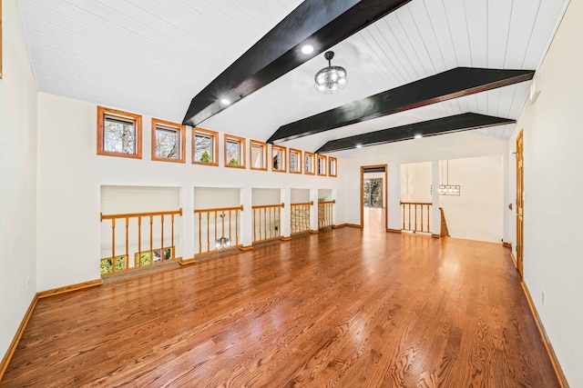 unfurnished living room with lofted ceiling with beams, a healthy amount of sunlight, wood-type flooring, and wooden ceiling