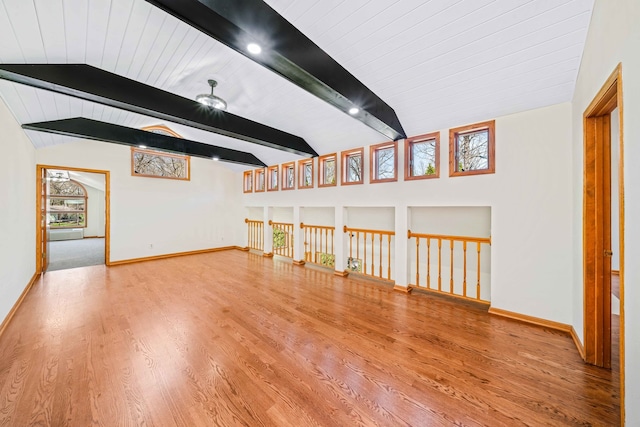 unfurnished room with lofted ceiling with beams, wood-type flooring, and wood ceiling