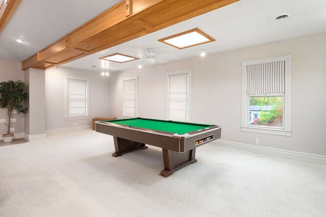 recreation room featuring plenty of natural light, carpet floors, and billiards