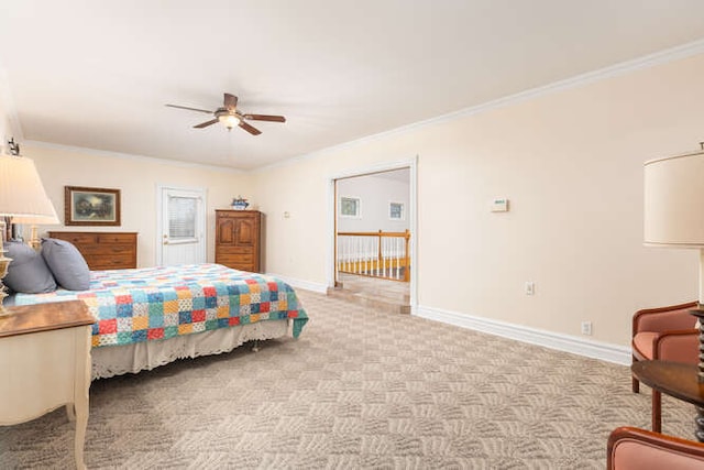 bedroom with ceiling fan, light colored carpet, and ornamental molding