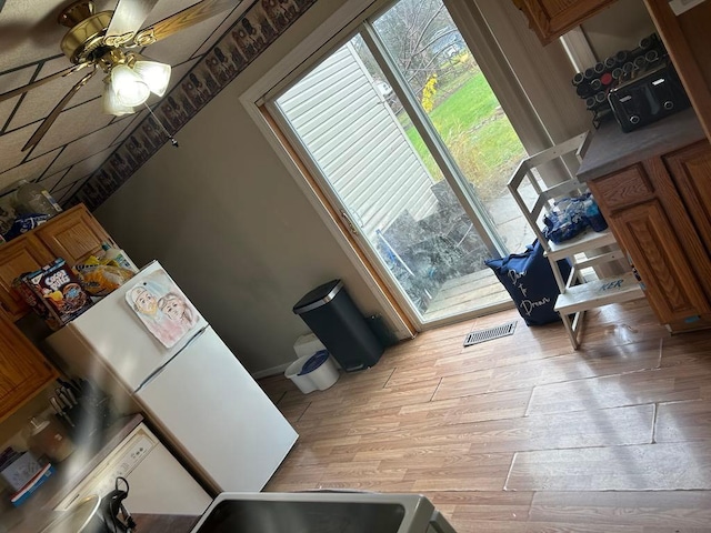 kitchen featuring ceiling fan and light wood-type flooring