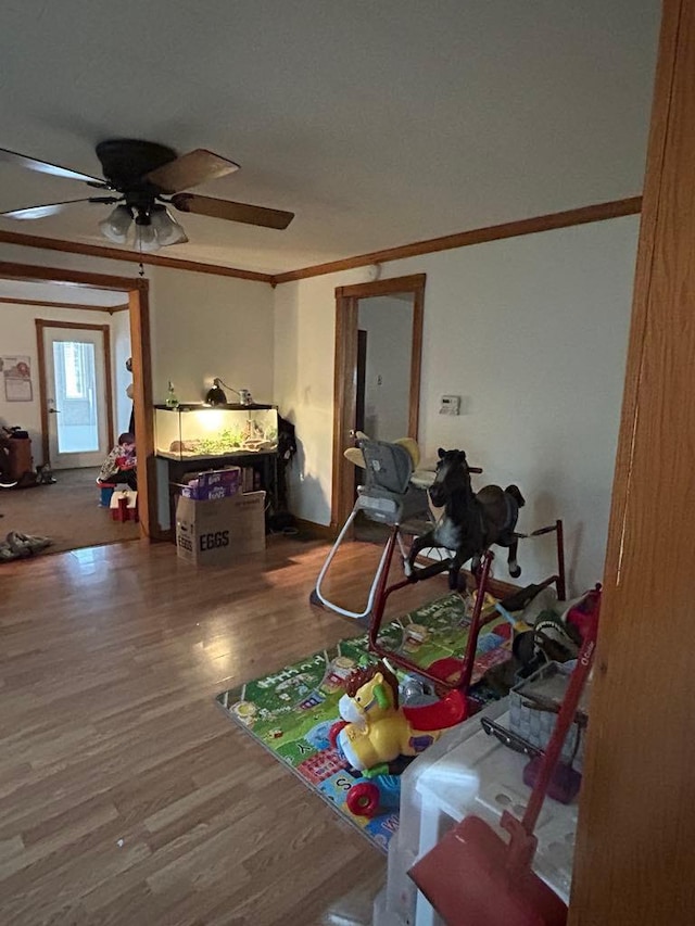 interior space featuring ceiling fan, hardwood / wood-style floors, and crown molding