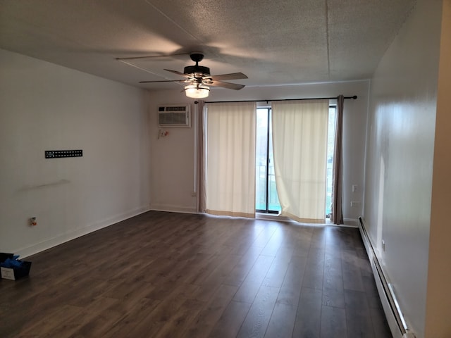 unfurnished room with a textured ceiling, a wall mounted AC, dark wood-type flooring, ceiling fan, and a baseboard radiator