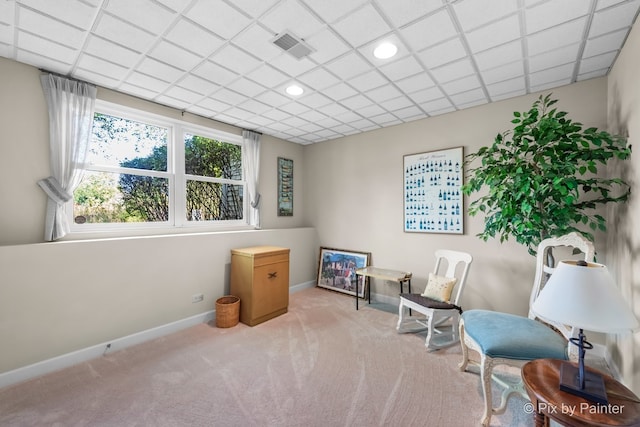 sitting room with light colored carpet and a drop ceiling