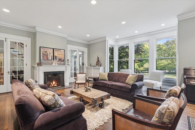 living room featuring french doors, ornamental molding, and wood-type flooring